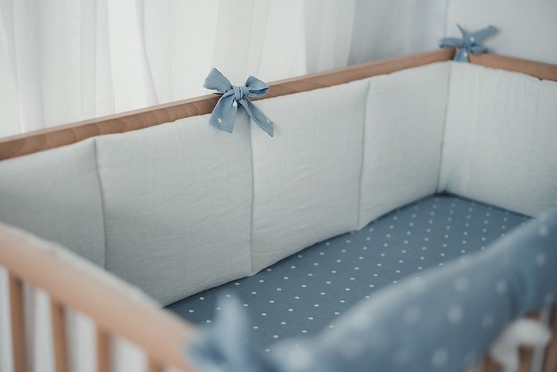 Linen (flax) crib bumpers – white cot bumper – all around cot bumper with blue - ผ้าปูที่นอน - ลินิน สีน้ำเงิน