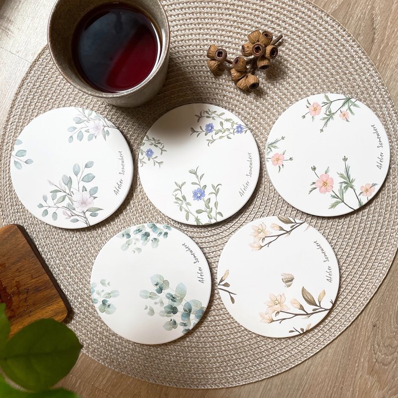 客製花草陶瓷杯墊 / 婚禮小物、公司禮贈品 (10個起訂購) - 杯墊 - 陶 多色