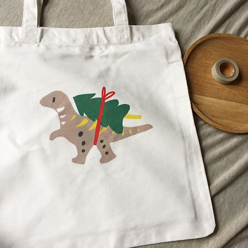 Dinosaur Carrying Christmas Tree-Velociraptor Cotton Bag-Tow Special Dinosaur Canvas Bag Christmas Gift - กระเป๋าแมสเซนเจอร์ - ผ้าฝ้าย/ผ้าลินิน ขาว
