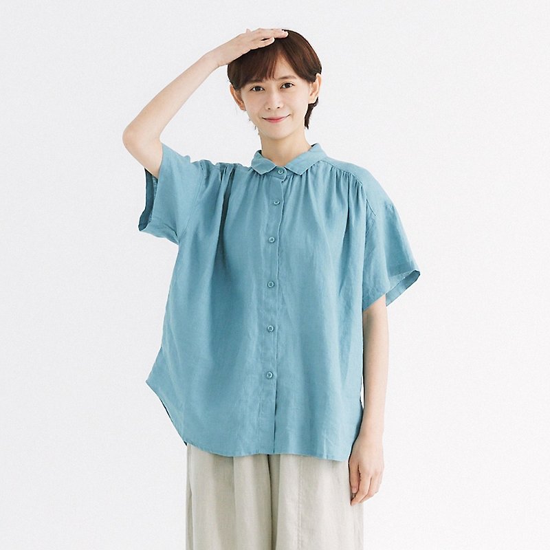 【Simply Yours】Sweet linen wrinkled shirt blue F - Women's Tops - Cotton & Hemp Blue