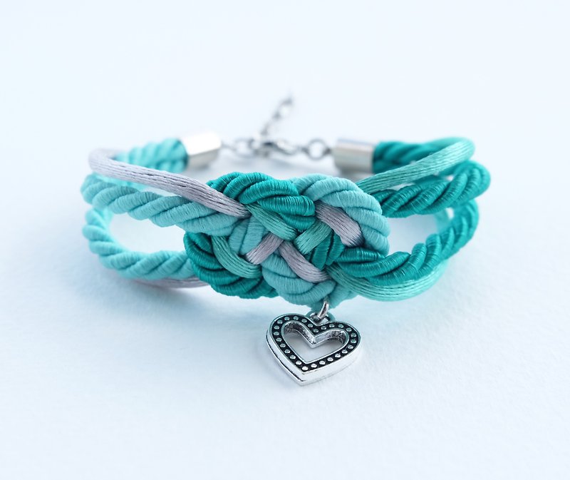 Mint/Green/Navy infinity knot rope bracelet with heart charm - สร้อยข้อมือ - วัสดุอื่นๆ สีเขียว