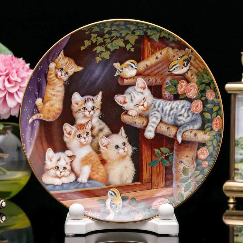 Bradford藝術家淘氣貓咪1997 2000陶瓷盤牆裝飾畫掛盤 - 壁貼/牆壁裝飾 - 瓷 