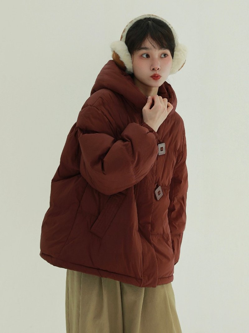 Red diamond button hooded down jacket, white duck down warm puffer jacket, autumn and winter short jacket - เสื้อแจ็คเก็ต - ไฟเบอร์อื่นๆ สีแดง