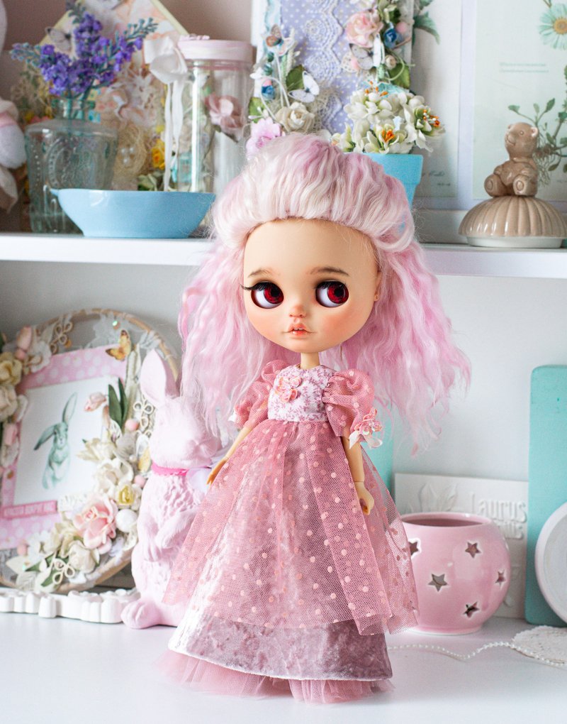 Dress for Blythe doll for princess crimson - ตุ๊กตา - ผ้าฝ้าย/ผ้าลินิน สึชมพู