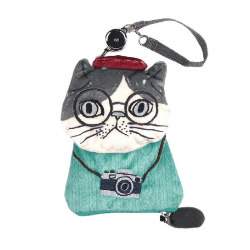 Kusuguru Japan 票卡夾 伸縮卷線零錢包 刺繡絨毛立體造型-折耳貓 - 零錢包/小錢包 - 聚酯纖維 綠色