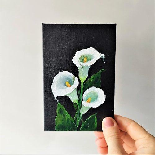 Artpainting Small wall decor Flower painting canvas White calla lily painting Mini painting