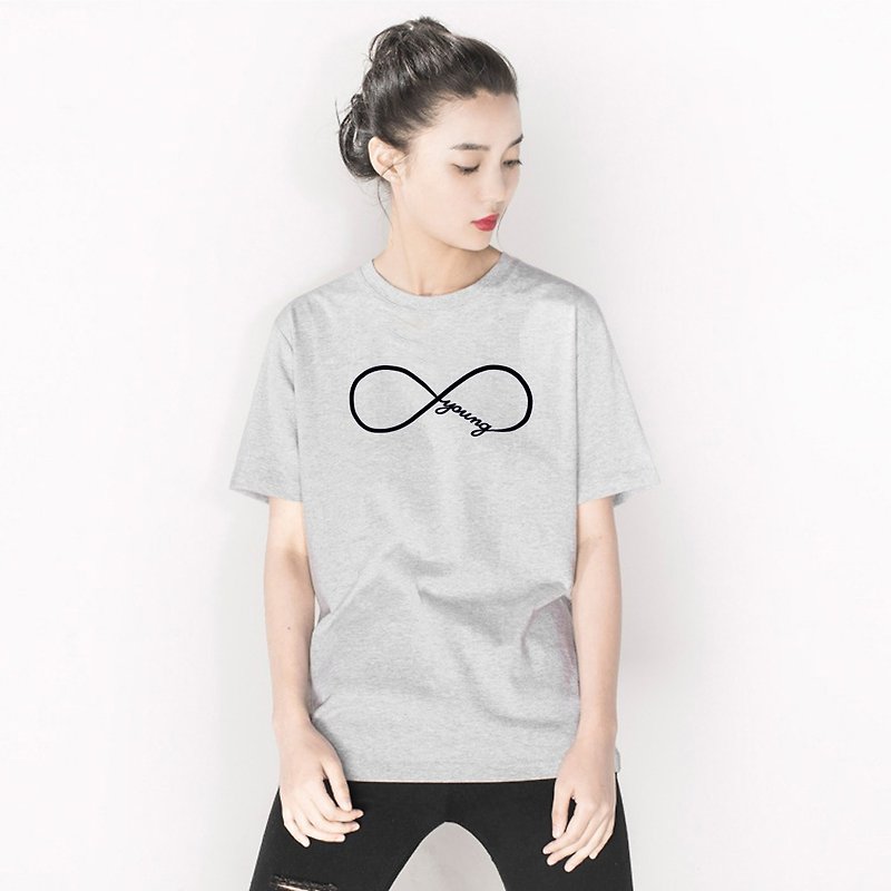 Forever Young infinity #2 unisex gray t shirt - เสื้อยืดผู้หญิง - ผ้าฝ้าย/ผ้าลินิน สีเทา