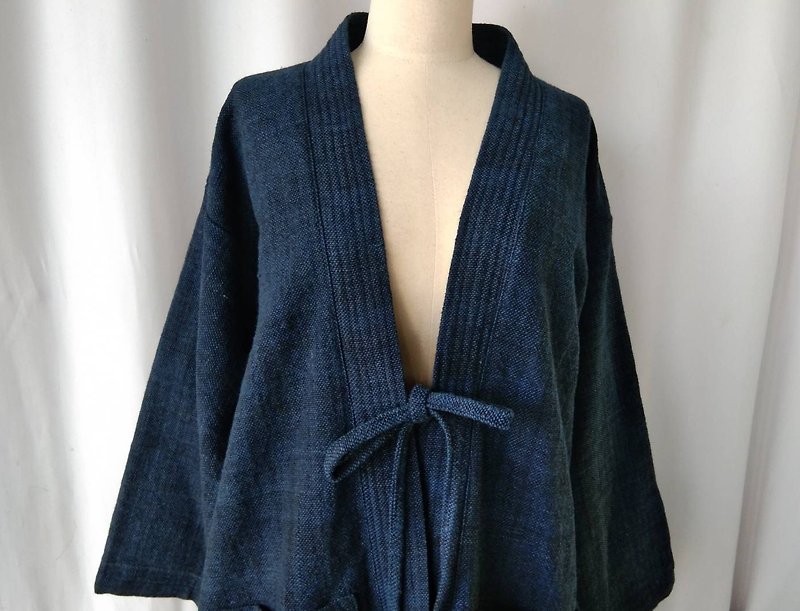 Handwoven cotton long Kimono...bow tie (Blue-Black) - Women's Casual & Functional Jackets - Cotton & Hemp Blue