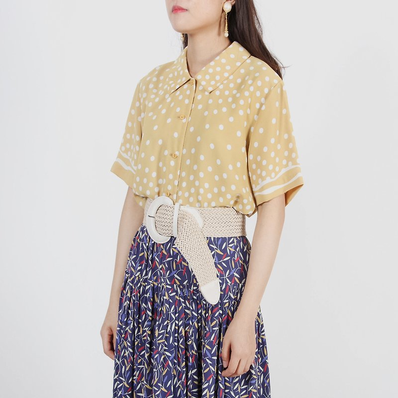 [Egg Plant Vintage] Ginger Bubble Print Short Sleeve Vintage Shirt - เสื้อเชิ้ตผู้หญิง - เส้นใยสังเคราะห์ สีเหลือง