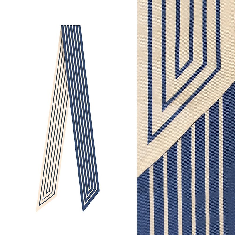 retar Prussian blue light Khaki striped ribbon style long silk scarf headband belt mulberry silk scarf - ผ้าพันคอ - ผ้าไหม 