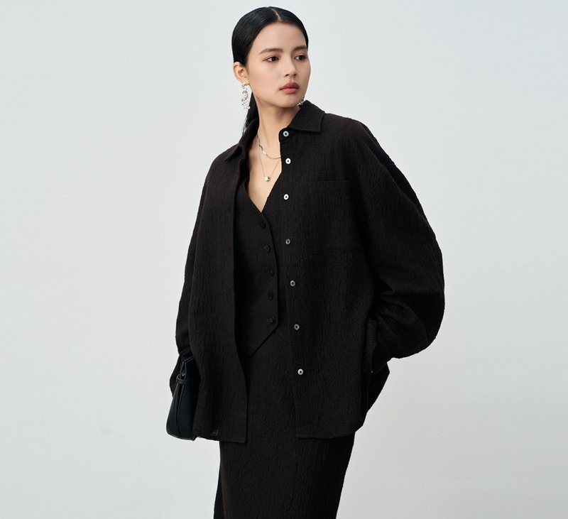 【褶皺肌理】法式簡約/寬鬆顯瘦襯衫/半身裙 - 女襯衫 - 羊毛 多色
