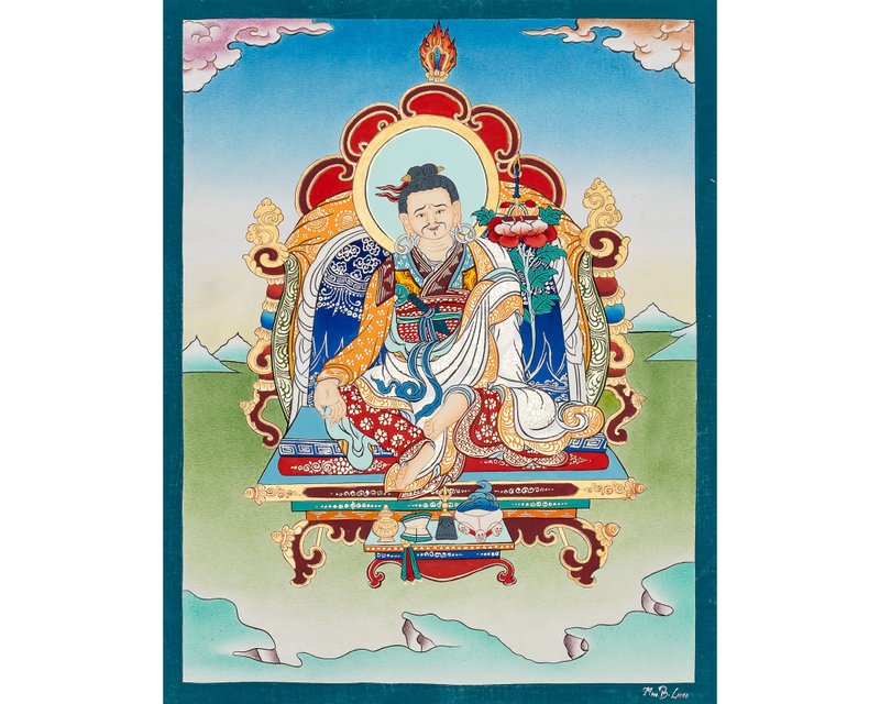 手工製作的蓮花生大師唐卡 - 智慧與慈悲的至高大師 - 壁貼/牆壁裝飾 - 其他材質 多色