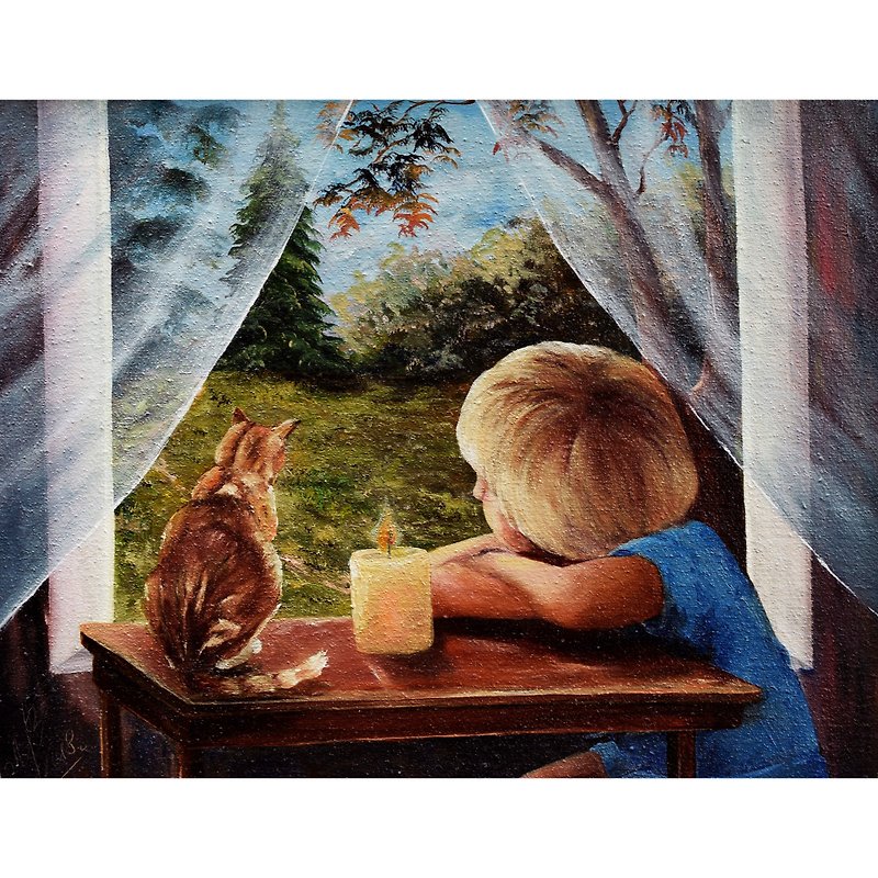 オリジナルの油絵、ロシアからの窓際の少年と猫。