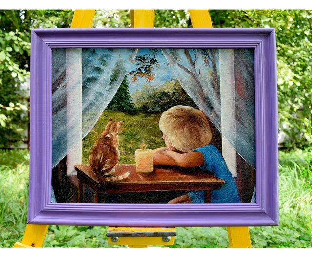 オリジナルの油絵、ロシアからの窓際の少年と猫。 - ショップ