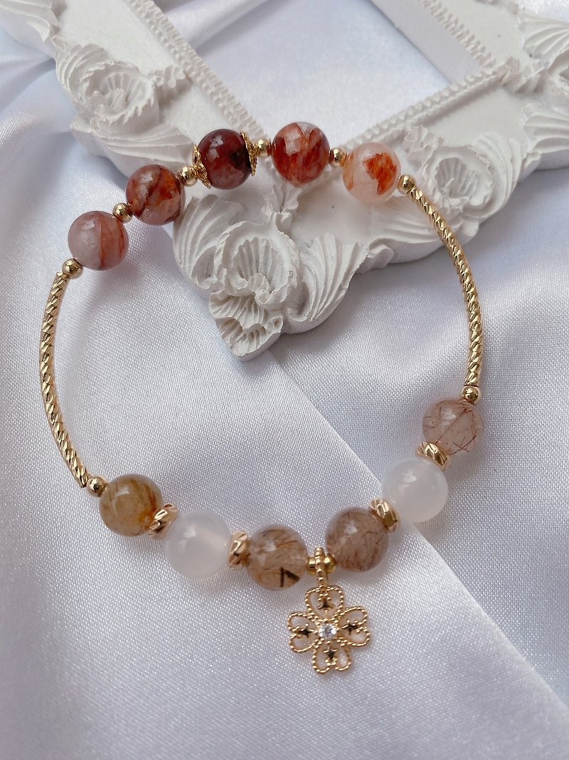 RC handmade crystal lucky set red glue flower/ Bronze hair crystal/white agate bracelet - Bracelets - Other Materials 