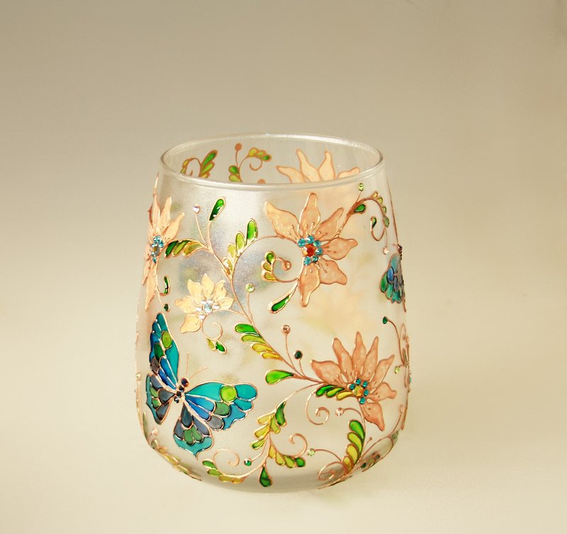 Blue Butterfly Wildflower Glass Vase Centerpiece Lamp Hand-Painted - ของวางตกแต่ง - แก้ว หลากหลายสี