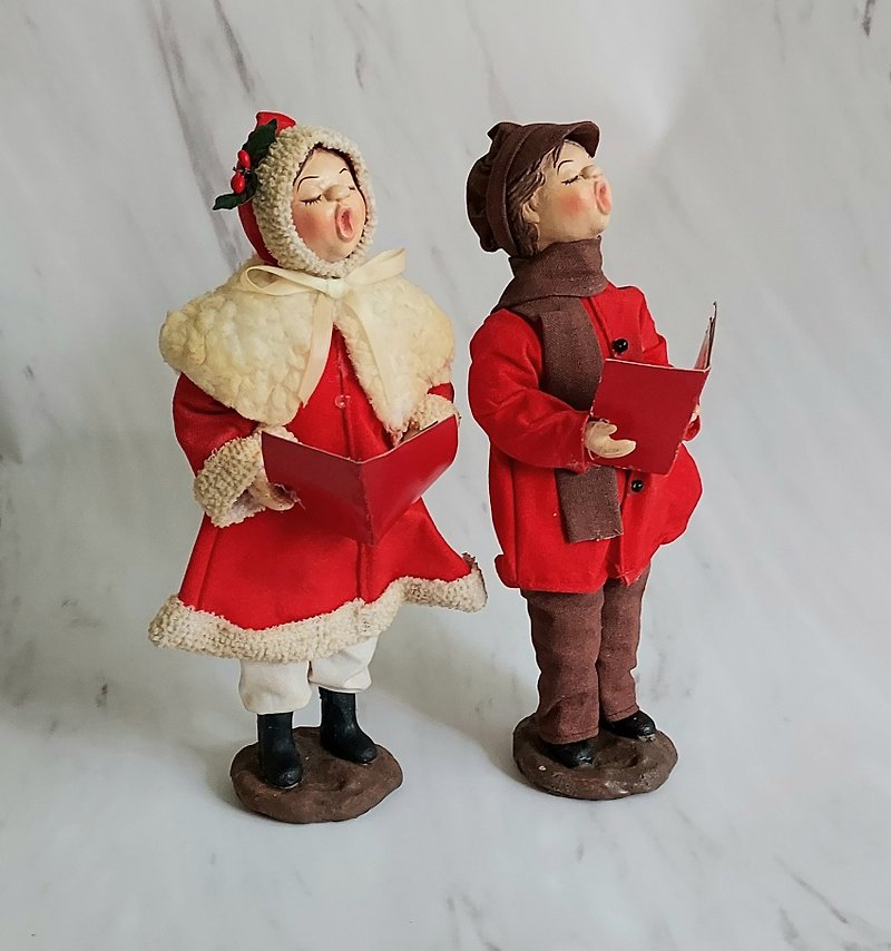 1970's old American Vintage pair of singing boy and girl antique doll ornaments - ตุ๊กตา - โลหะ 