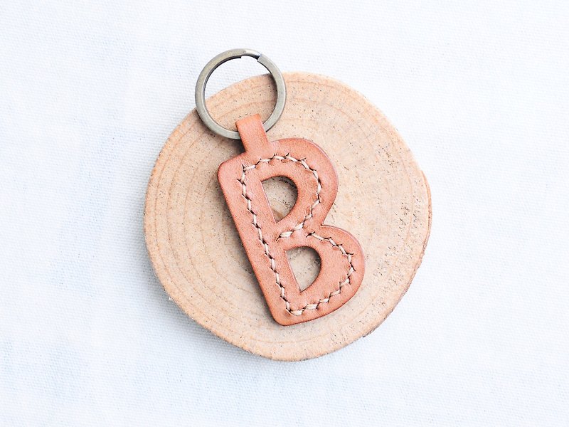 Initial B letter keychain - ash leather group well stitched leather material bag key ring Italy - Leather Goods - Genuine Leather Brown