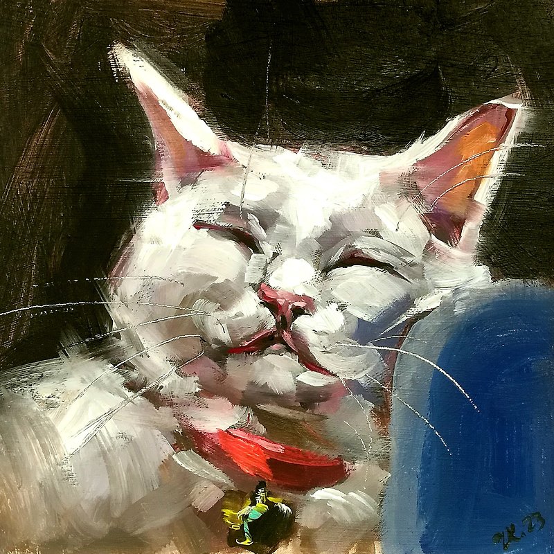 Sleeping Cat Portrait White Cat Animal Pet Artwork Original Oil Painting - โปสเตอร์ - วัสดุอื่นๆ หลากหลายสี