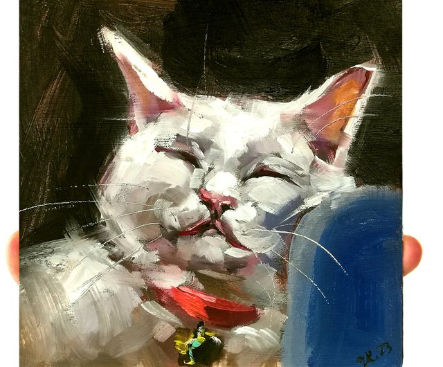 手書き油絵白猫可愛い猫絵アートペット