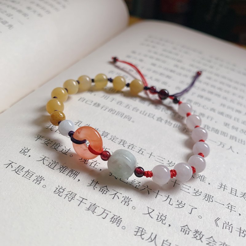 Handmade spring is coming. Natural Yellow Jadeite Vintage Braided Bracelet Southern Red Jade Coin Carved Peace Bracelet - Bracelets - Jade Multicolor