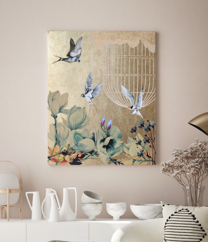 Flowers Birds Painting | Birds Flowers Wall Art | Birds with flowers 4 - 壁貼/牆壁裝飾 - 棉．麻 藍色