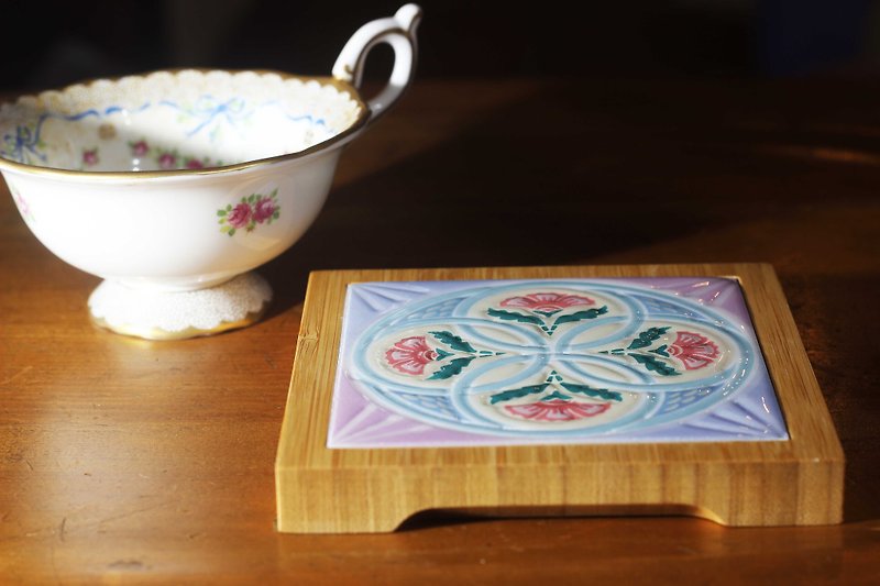 Taiwan Tile Brick Coaster---Mother Love Cihui - Coasters - Porcelain Blue