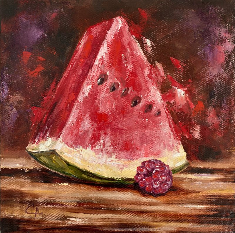 Watermelon oil original painting on stretched canvas Kitchen painting - 壁貼/牆壁裝飾 - 其他材質 藍色