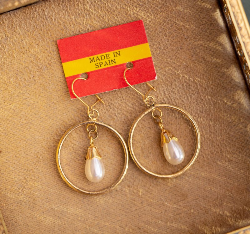 西班牙古董 大馬士革工藝 仿珍珠垂墜圓環紋飾耳勾 - 耳環/耳夾 - 其他金屬 金色
