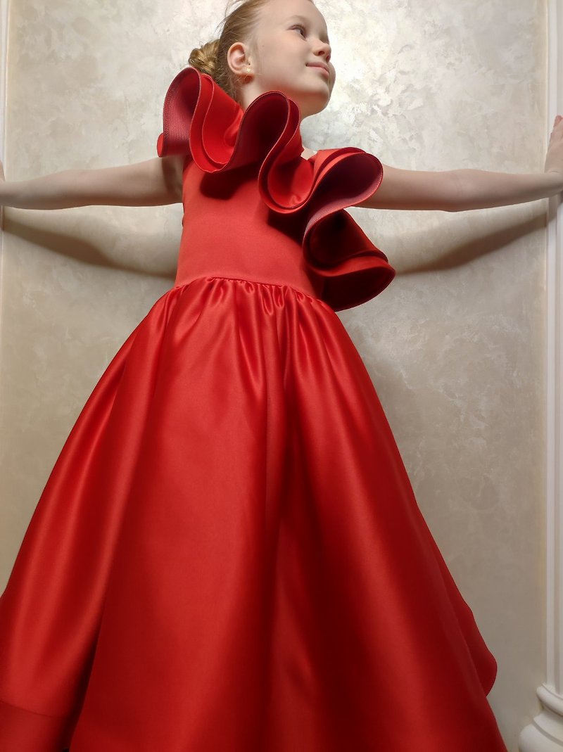 satin flower girl red dress for wedding, birthday, concerts - Kids' Dresses - Other Materials Multicolor