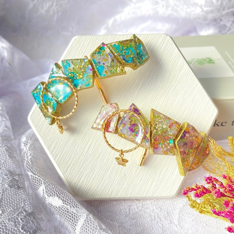 瑪瑙片小馬鉤閃閃發光乾燥花壓花花痴星星 - 髮夾/鯊魚夾 - 樹脂 藍色