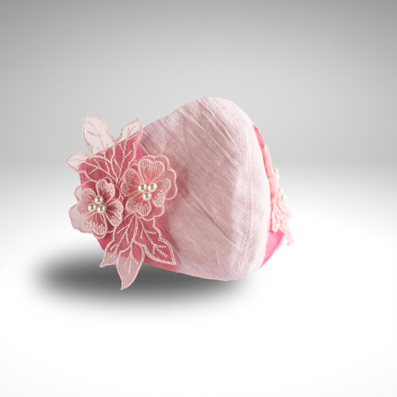 PSNY 3D flower lover motif, pink lace and pink Linen mask cover 2W12 - หน้ากาก - ผ้าฝ้าย/ผ้าลินิน สึชมพู