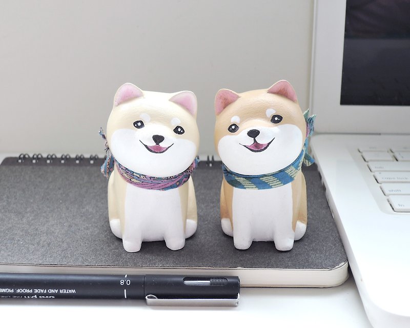 We are together with a crooked head, a bun face, a little Shiba Inu penholder, a paperweight, a handmade wood carving doll - Items for Display - Wood Brown