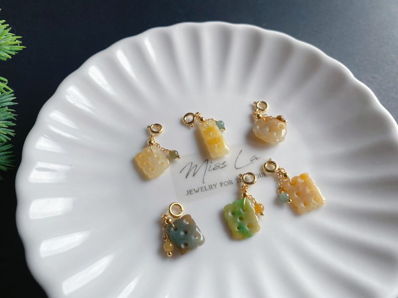 Natural Burmese Jadeite Special Feature Cookie Unique Pendant Clasp Gift Designer Style - พวงกุญแจ - หยก สีเหลือง
