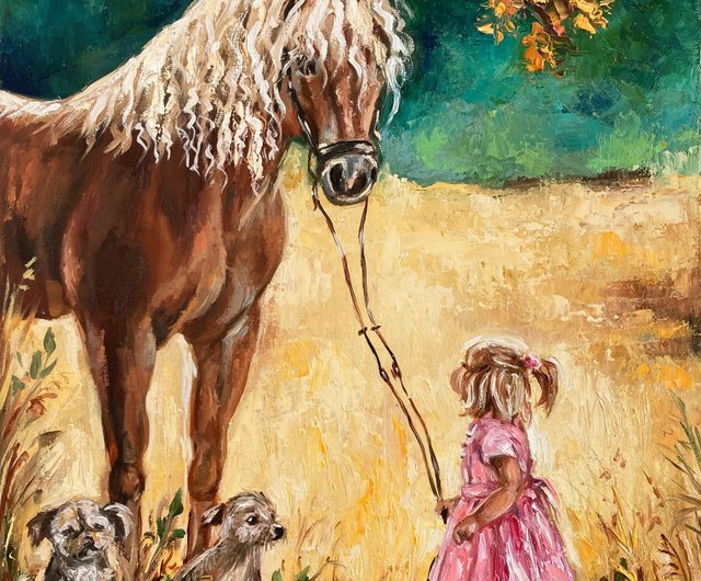 女の子、馬、2匹の犬の絵画オリジナルのオイルアート - ショップ