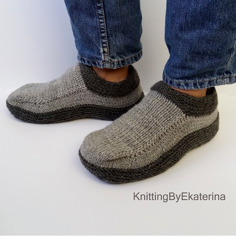 Wool Socks Gray - Hand Knit Socks Mens Knit Slippers Knit Moccasin Knitted Slippers Travel Slipper