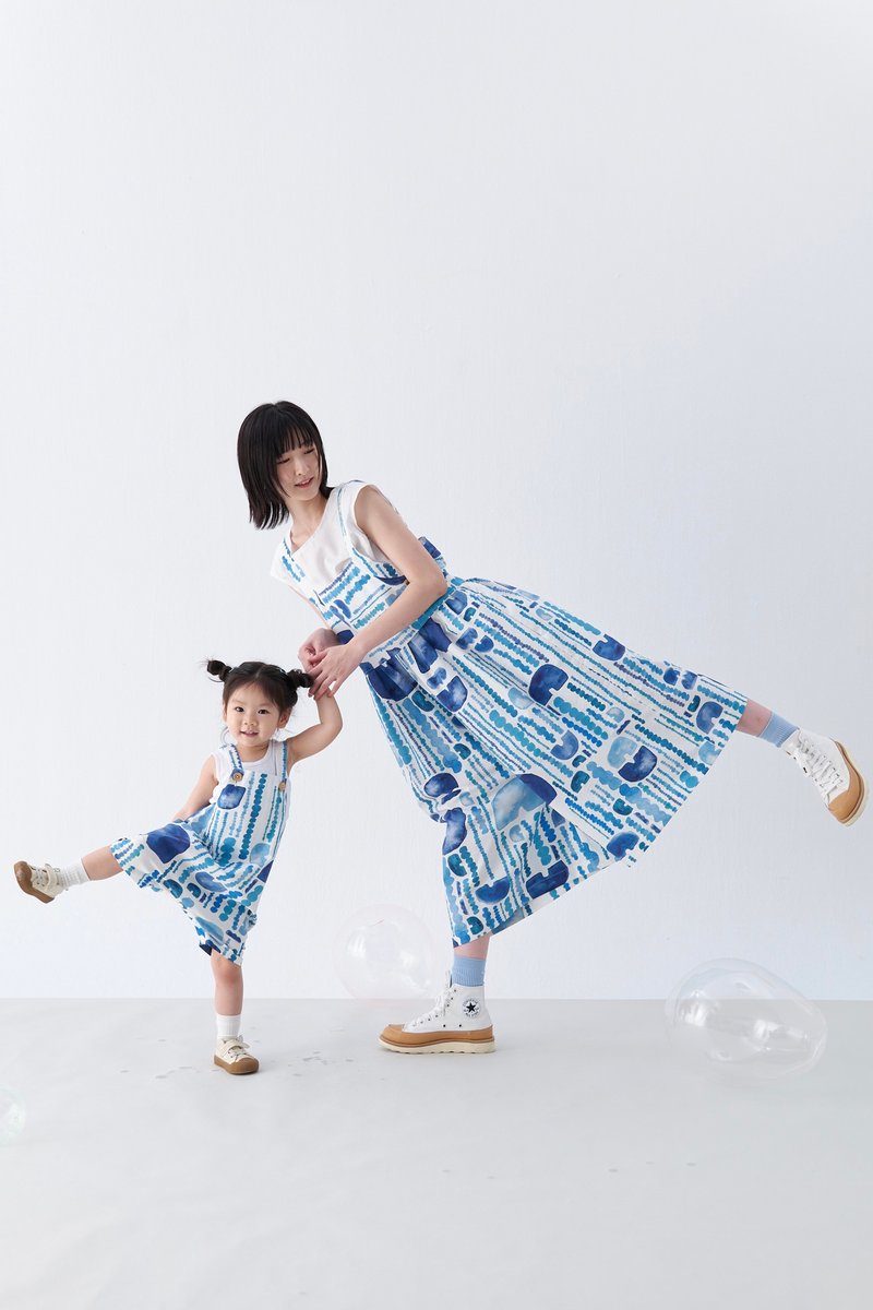 親子裝  rain印花獨家布料簡約吊帶褲 - 親子裝 - 棉．麻 藍色