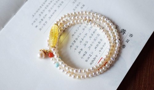 Angel's tears 天使之淚 Jewelry Design 4mm天然原色無加色淡水珍珠 琥珀回紋桶珠綠松石設計多圈手串項鍊