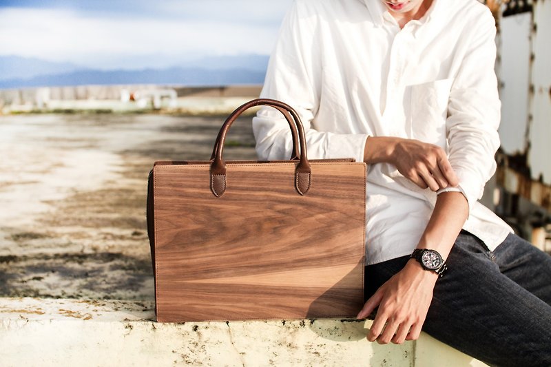 木製の革のハンドバッグ - トート・ハンドバッグ - 木製 ブラウン