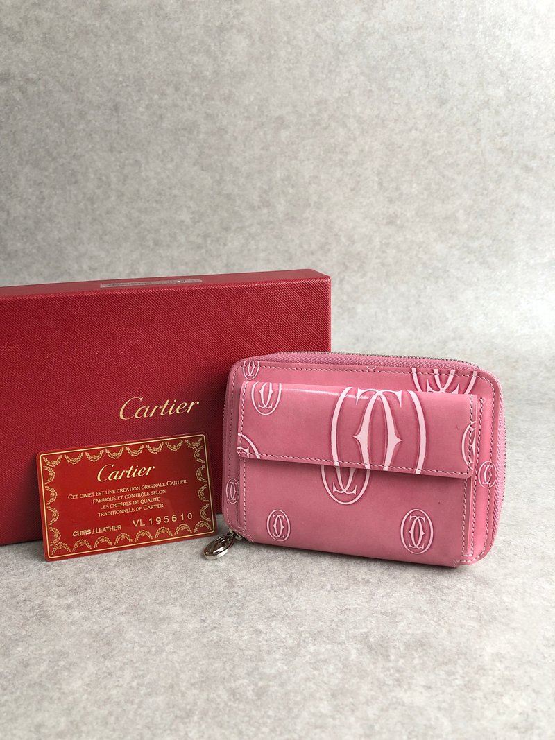 【 日本直送　名牌中古包 】Cartier カルティエ ハッピーバースデー 財布 ピンク エナメルレザー 二つ折り財布 vintage akkt2f - 錢包/皮夾/長短夾 - 真皮 粉紅色