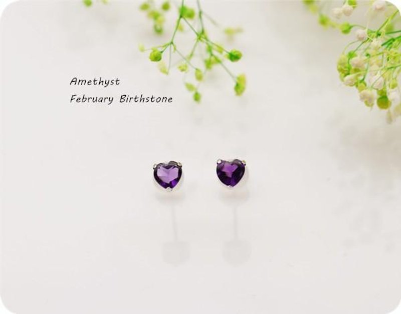 K18 gold heart amethyst stud earrings February birthstone - Earrings & Clip-ons - Gemstone Purple