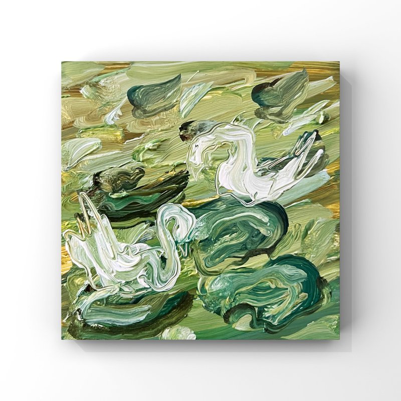 Graceful Swans Among Lily Pads – Tranquil Impressionist Oil Painting 4x4 inch - 海報/掛畫/掛布 - 其他材質 綠色