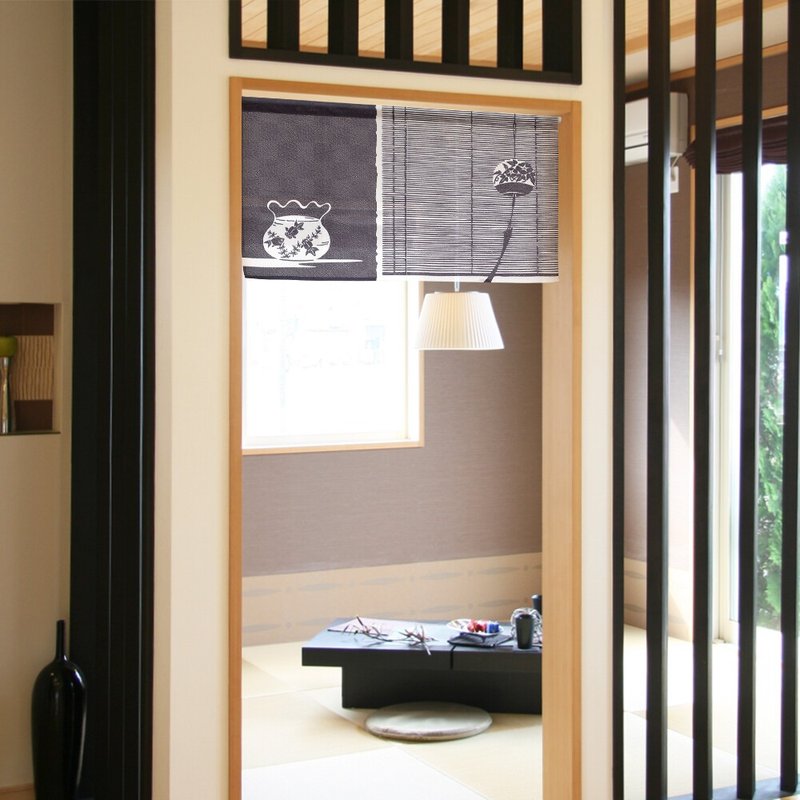 [PRE-ORDER] Japanese-made Short Noren Curtain with Wind Chimes and Goldfish - ม่านและป้ายประตู - เส้นใยสังเคราะห์ สีน้ำเงิน