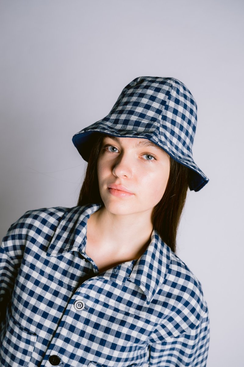 Palit Cotton gingham hat (Cobalt) - 帽子 - 棉．麻 