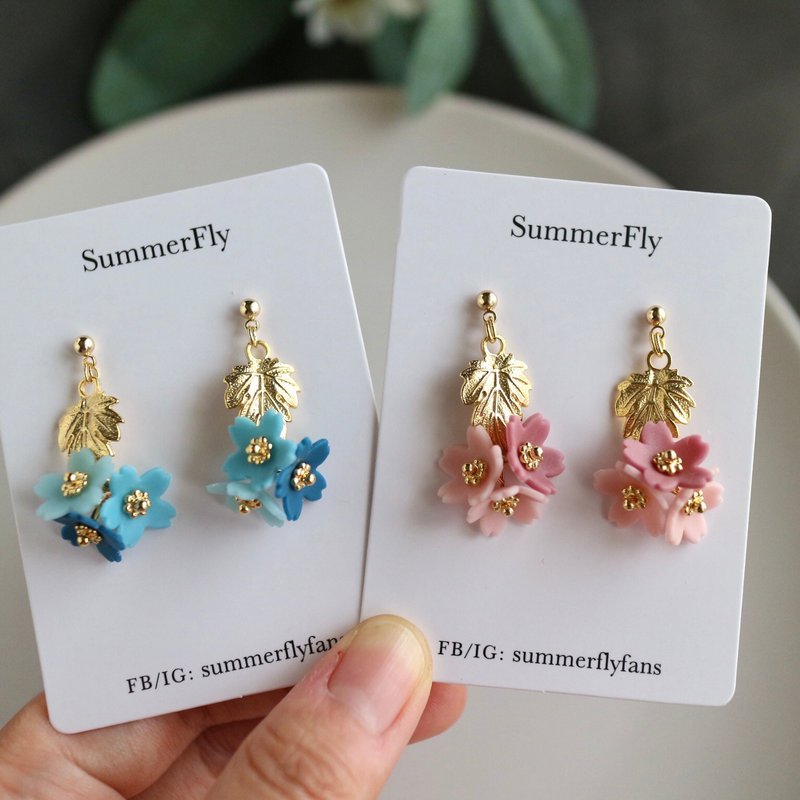 Romantic and elegant soft clay cherry blossom ball metal leaf dangling earrings powder blue gradient flowers x - Earrings & Clip-ons - Resin Pink