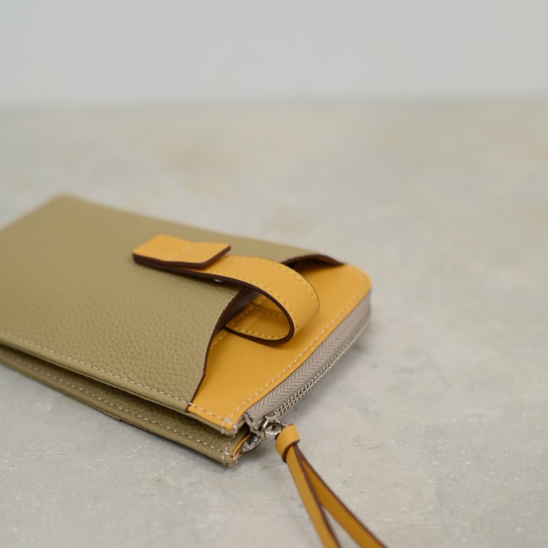 幾何感結構-分隔收納手機包旅遊小包-灰黃色 - 側背包/斜背包 - 真皮 黃色