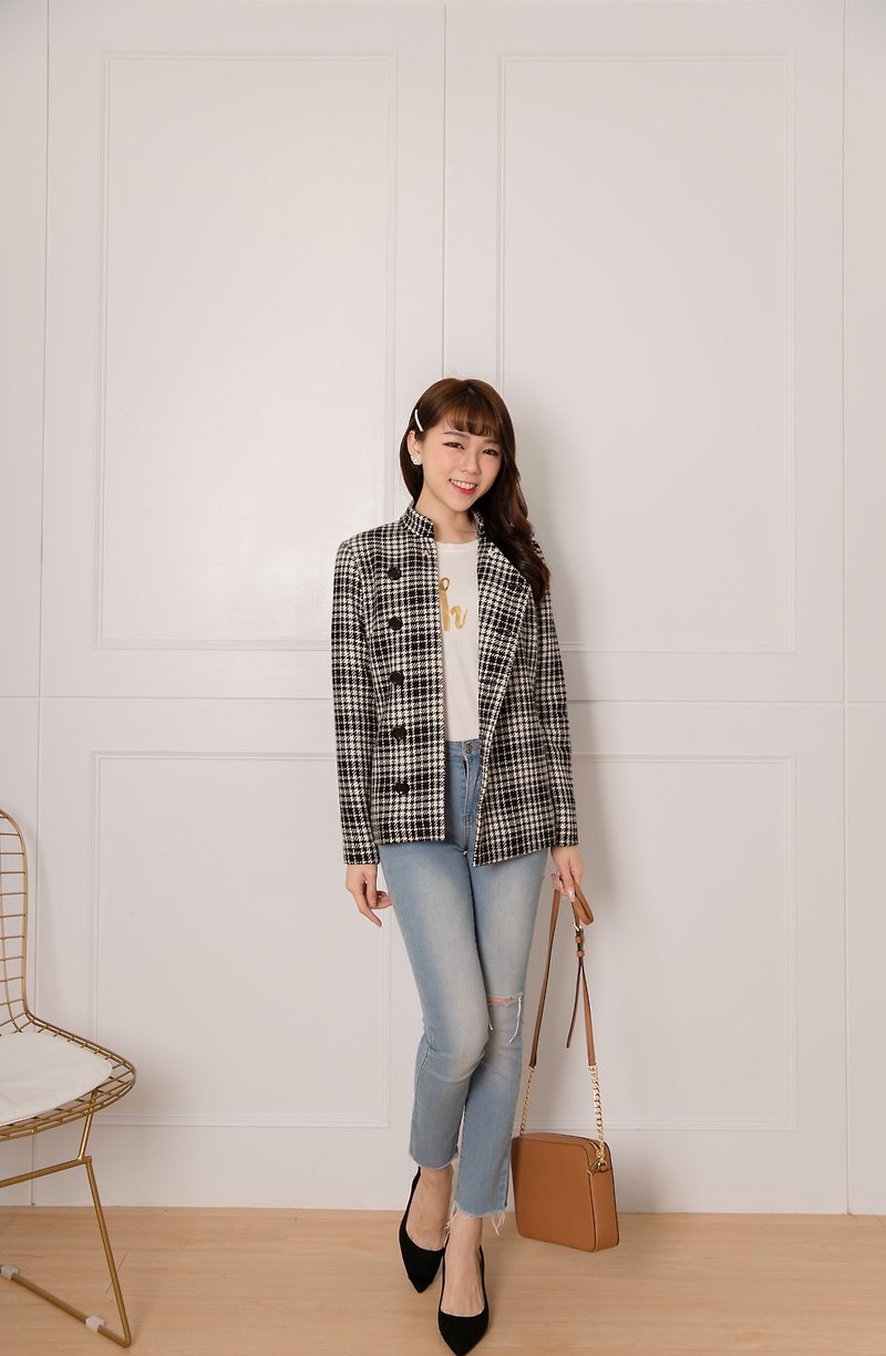 Black and white plaid wool stand collar jacket - Women's Tops - Wool Black