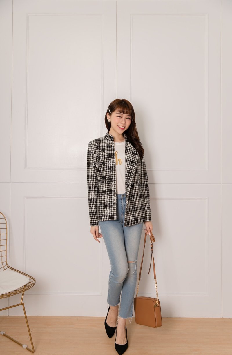 Black and white plaid wool stand collar jacket - เสื้อผู้หญิง - ขนแกะ สีดำ