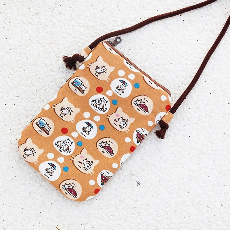 Leisurely cat phone bag - กระเป๋าแมสเซนเจอร์ - ผ้าฝ้าย/ผ้าลินิน สีส้ม