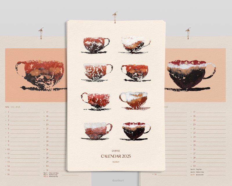 Coffee Monthly Printable Notes Wall Calendar 2025 Abstract Monotype Art Decor - 其他數位設計 - 其他材質 